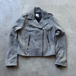 Gap Womens Herringbone Wool Blend Moto Jacket Black White Tweed Small RN54023